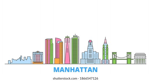 United States, New York Manhattan line cityscape, flat vector. Travel city landmark, oultine illustration, line world icons