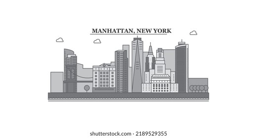 United States, New York Manhattan city skyline isolated vector illustration, icons