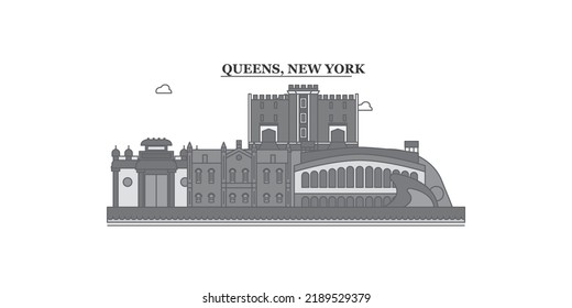 United States, New York Queens city skyline isolated vector illustration, icons