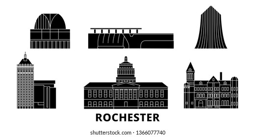 United States, New York Rochester flat travel skyline set. United States, New York Rochester black city vector panorama, illustration, travel sights, landmarks, streets.