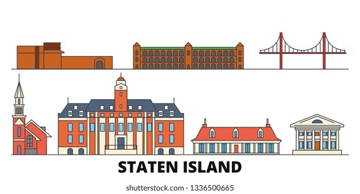 United States, New York Staten Island flat landmarks vector illustration. United States, New York Staten Island line city with famous travel sights, skyline, design. 