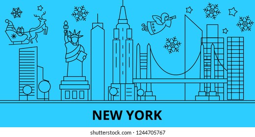 United States, New York winter holidays skyline. Merry Christmas, Happy New Year decorated banner with Santa Claus.United States, New York linear christmas city vector flat illustration