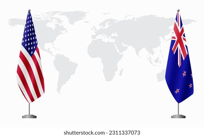United States and New Zealand flags for official meeting against background of world map.