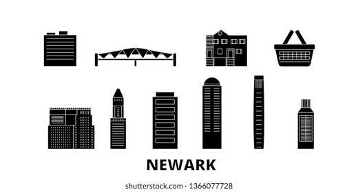 United States, Newark flat travel skyline set. United States, Newark black city vector panorama, illustration, travel sights, landmarks, streets.