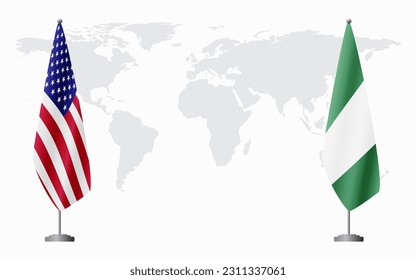 United States and Nigeria flags for official meeting against background of world map.