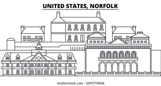 United States, Norfolk line skyline vector illustration. United States, Norfolk linear cityscape with famous landmarks, city sights, vector landscape. 