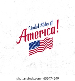 United States of North America Vector Logo Vintage. Independence day national holiday icon Blue and red colors USA windy flags. Retro style lettering