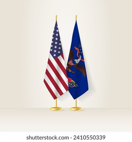 United States and North Dakota national flag on a light background. Vector illustration.