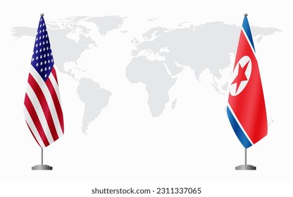 United States and North Korea flags for official meeting against background of world map.