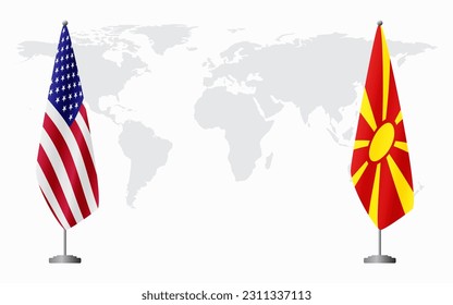 United States and Northern Macedonia flags for official meeting against background of world map.