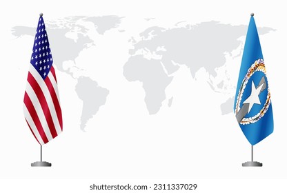 United States and Northern Mariana Islands flags for official meeting against background of world map.