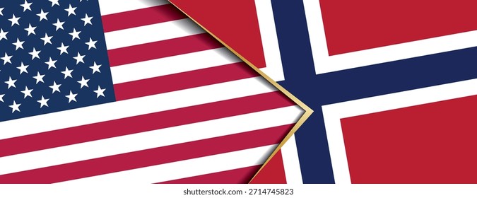 Flaggen der Vereinigten Staaten und Norwegens, die sich überschneiden und ein enges diplomatisches Freundschafts- und Geschäftsabkommen symbolisieren