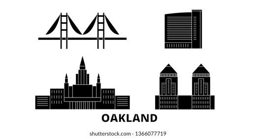 United States, Oakland flat travel skyline set. United States, Oakland black city vector panorama, illustration, travel sights, landmarks, streets.