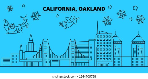 United States, Oakland winter holidays skyline. Merry Christmas, Happy New Year decorated banner with Santa Claus.United States, Oakland linear christmas city vector flat illustration
