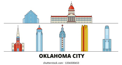 United States, Oklahoma City flat landmarks vector illustration. United States, Oklahoma City line city with famous travel sights, skyline, design. 