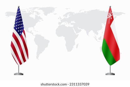 United States and Oman flags for official meeting against background of world map.