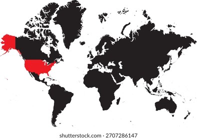United States on World Map Editable Vector Silhouette
