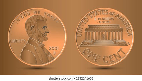 Vereinigte Staaten ein Cent oder Penny, Münze mit Präsident Abraham Lincoln auf obverse und Lincoln Memorial auf der Rückseite. Amerikanisches Geld, Lincoln Memorial. Vektorgrafik.