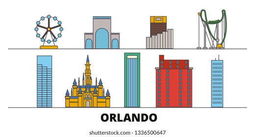 United States, Orlando flat landmarks vector illustration. United States, Orlando line city with famous travel sights, skyline, design. 