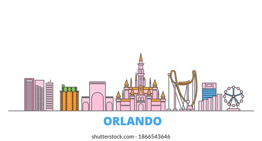 Estados Unidos, Orlando line city scape, vector plano. Punto de referencia de la ciudad de viajes, ilustración de oultine, íconos del mundo de la línea