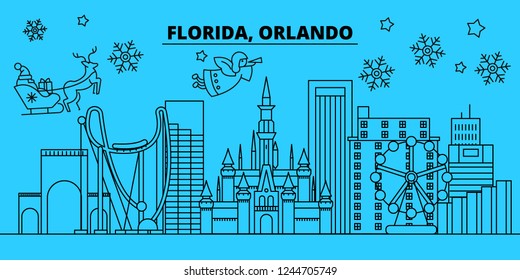 United States, Orlando winter holidays skyline. Merry Christmas, Happy New Year decorated banner with Santa Claus.United States, Orlando linear christmas city vector flat illustration