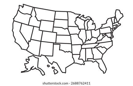 United States Outline Map Vector, USA State Borders Educational Illustration	