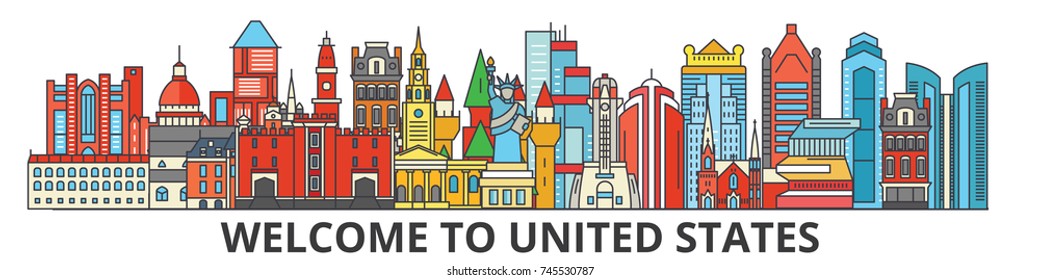 United States outline skyline, american flat thin line icons, landmarks, illustrations. United States cityscape, american travel city vector banner. Urban silhouette