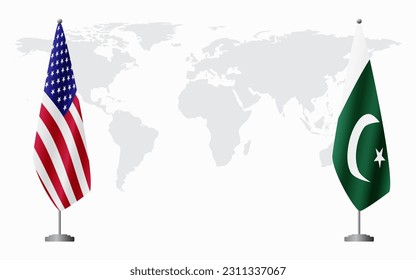 United States and Pakistan flags for official meeting against background of world map.