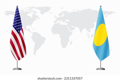 United States and Palau flags for official meeting against background of world map.