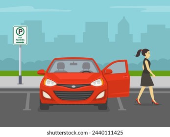 United States parking payment sign. Female driver going to pay the parking. Front view of car with open front door. Flat vector illustration template.