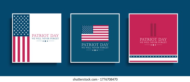 United States Patriot Day cards set with USA national flag. We will never forget. September 11. Vector illustration for Patriot Day.