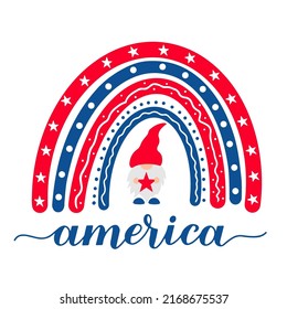 United States patriotic rainbow with cute gnome. Independence Day of America design. Vector template for 4th of July banner, poster, shirt, card, etc.