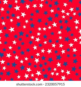 United States patriotic seamless pattern. American traditional backdrop.  Red white blue stars background. Vector template for fabric, textile, wallpaper, wrapping paper, etc. 