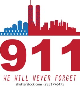 united states patriots day icon, 911, wtc building silhouette with usa flag motif isolated on white background