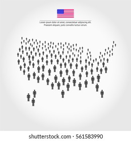 United States People Map. Large Group Of People In The Shape Of America Or USA Map. Background For Presentation With Sample Text And American Flag.