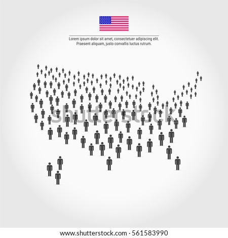 United States People Map. Large group of people in the shape of America or USA map. Background for Presentation with sample text and American flag.