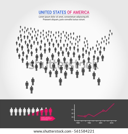 United States People Map. Large group of people in the shape of America or USA map. Background for Presentation with sample text. Population growth infographic elements.