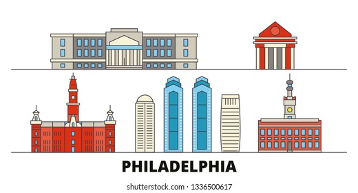United States, Philadelphia flat landmarks vector illustration. United States, Philadelphia line city with famous travel sights, skyline, design. 