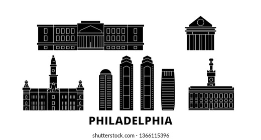 United States, Philadelphia flat travel skyline set. United States, Philadelphia black city vector illustration, symbol, travel sights, landmarks.