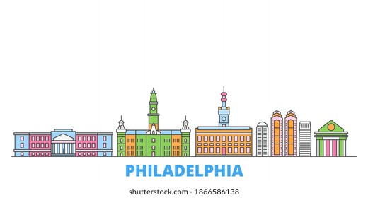 United States, Philadelphia line cityscape, flat vector. Travel city landmark, oultine illustration, line world icons