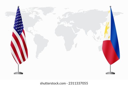 United States and Philippines flags for official meeting against background of world map.