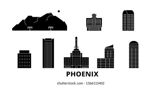 United States, Phoenix flat travel skyline set. United States, Phoenix black city vector illustration, symbol, travel sights, landmarks.