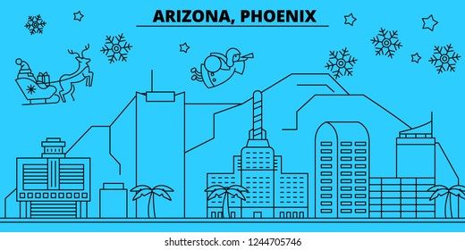 United States, Phoenix winter holidays skyline. Merry Christmas, Happy New Year decorated banner with Santa Claus.United States, Phoenix linear christmas city vector flat illustration