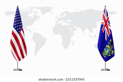 United States and Pitcairn Islands flags for official meeting against background of world map.