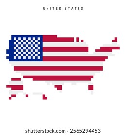 United States pixel flag map icon. 8 bit pixel art American map covered with flag. Flat vector illustration isolated on white background.