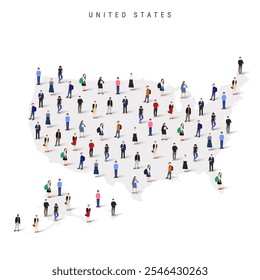United States population map. Large group of realistic a diverse crowd of people figures in a shape of American map. Flat vector illustration isolated on white.