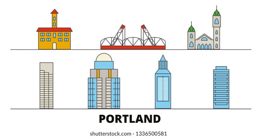 United States, Portland flat landmarks vector illustration. United States, Portland line city with famous travel sights, skyline, design. 
