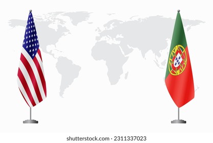 United States and Portugal flags for official meeting against background of world map.