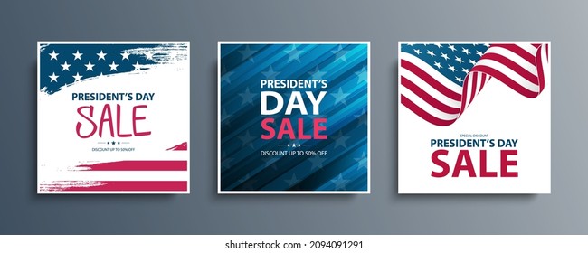 United States President Day Sale special offer promotional cards set for business, advertising and holiday shopping. President's day sales events backgrounds. Vector illustration.