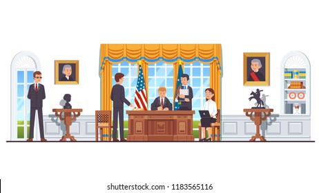 United States president sitting at his desk signing law act document in White House oval office with secretary, minister, officials, bodyguard. US president office interior. Flat vector illustration
